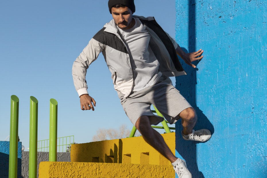 A man practicing hardest move out of the top 10 parkour moves.